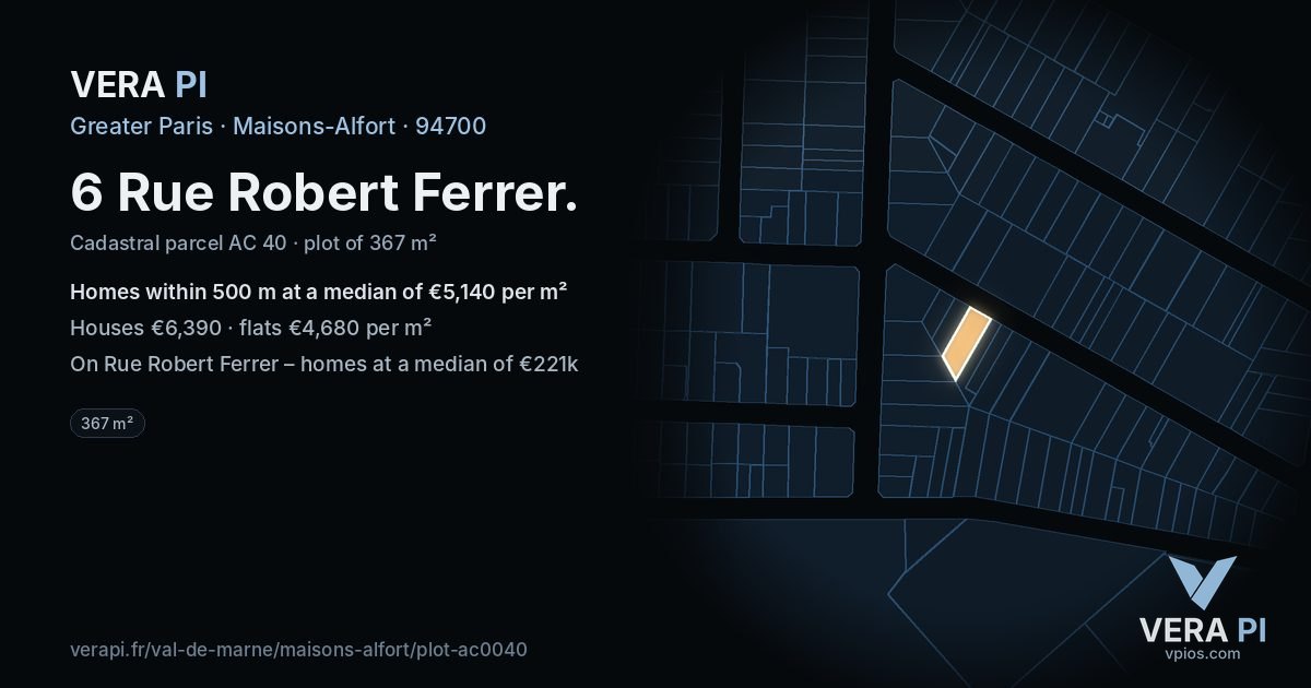 6 Rue Robert Ferrer, Maisons-Alfort at night – the plot lit, the parcels around coloured by the prices near them