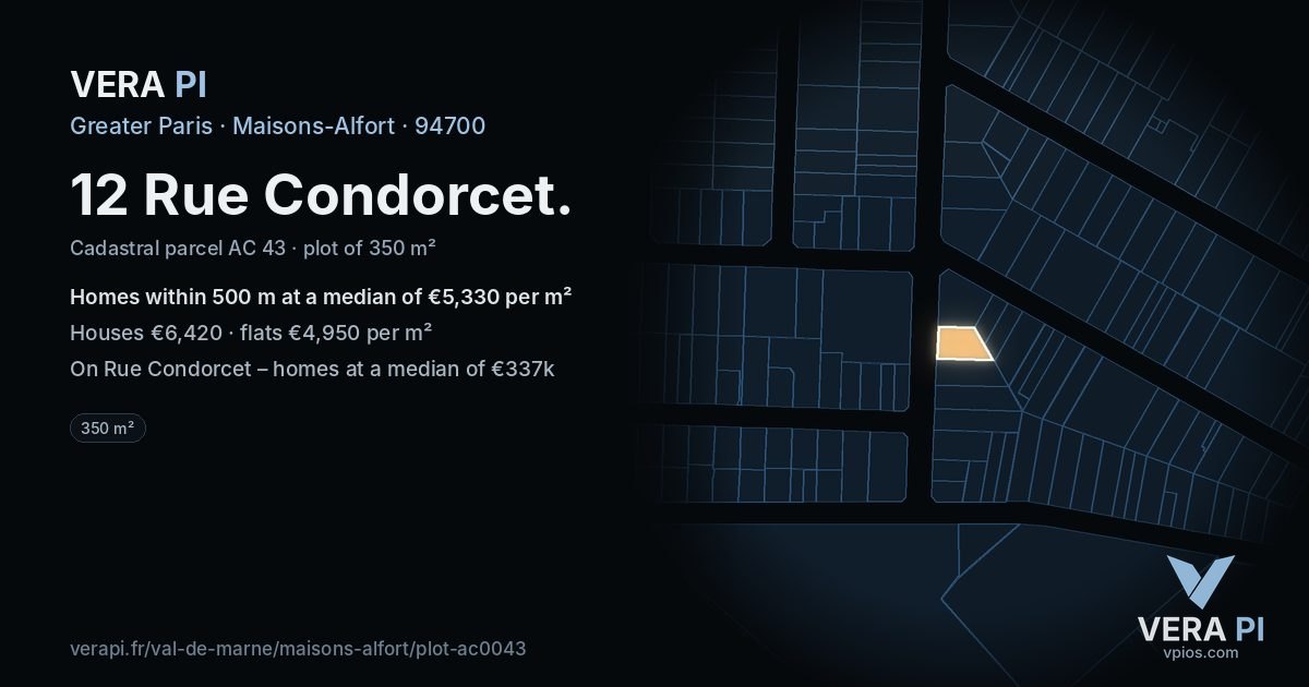 12 Rue Condorcet, Maisons-Alfort at night – the plot lit, the parcels around coloured by the prices near them