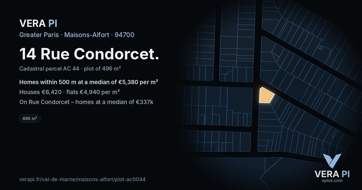 14 Rue Condorcet, Maisons-Alfort at night – the plot lit, the parcels around coloured by the prices near them