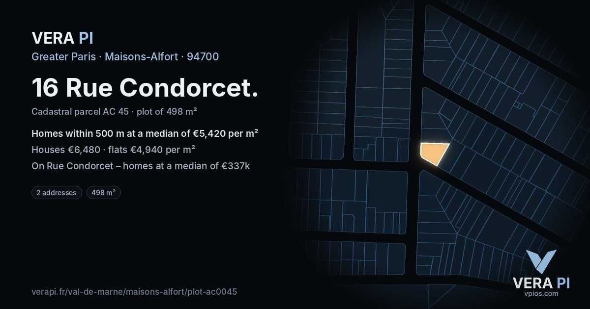 16 Rue Condorcet, Maisons-Alfort at night – the plot lit, the parcels around coloured by the prices near them