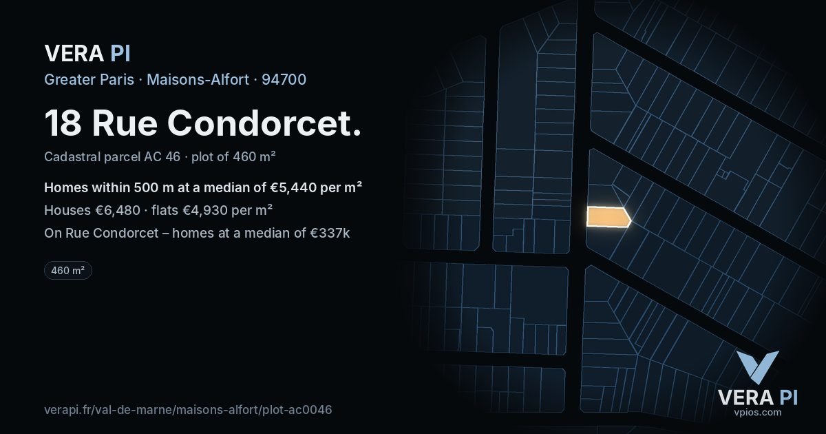 18 Rue Condorcet, Maisons-Alfort at night – the plot lit, the parcels around coloured by the prices near them