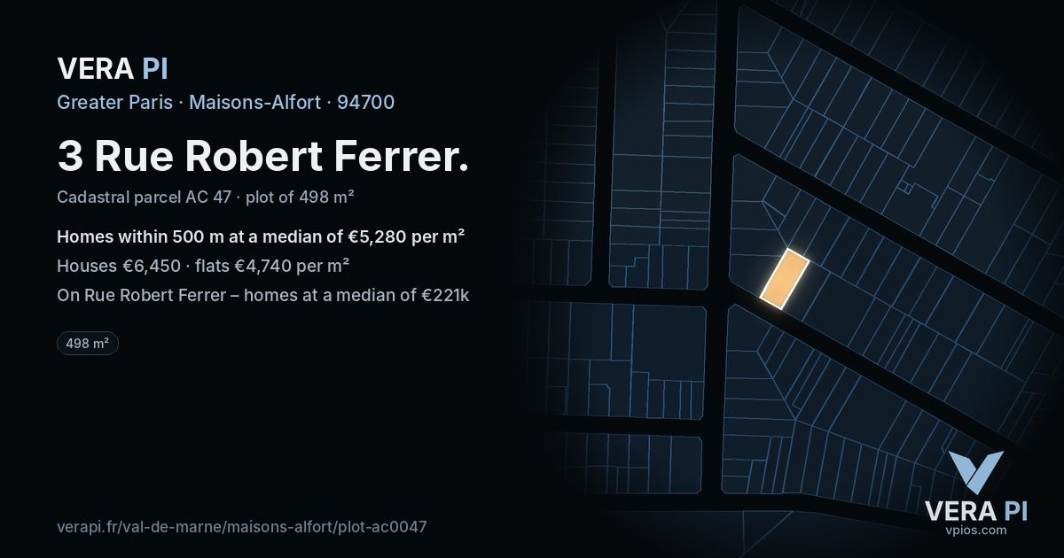 3 Rue Robert Ferrer, Maisons-Alfort at night – the plot lit, the parcels around coloured by the prices near them