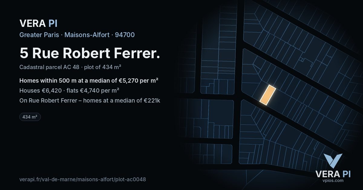 5 Rue Robert Ferrer, Maisons-Alfort at night – the plot lit, the parcels around coloured by the prices near them