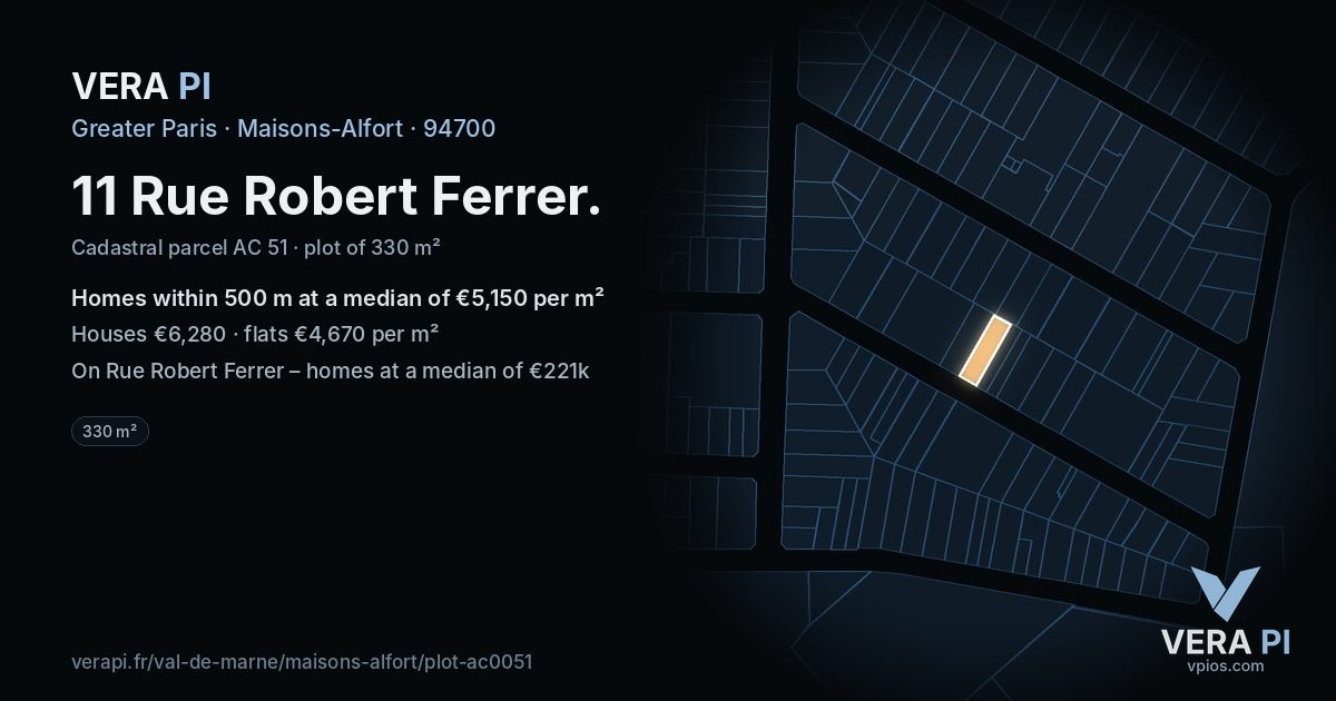 11 Rue Robert Ferrer, Maisons-Alfort at night – the plot lit, the parcels around coloured by the prices near them