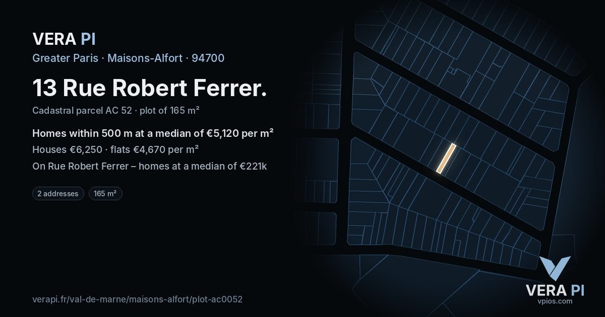 13 Rue Robert Ferrer, Maisons-Alfort at night – the plot lit, the parcels around coloured by the prices near them
