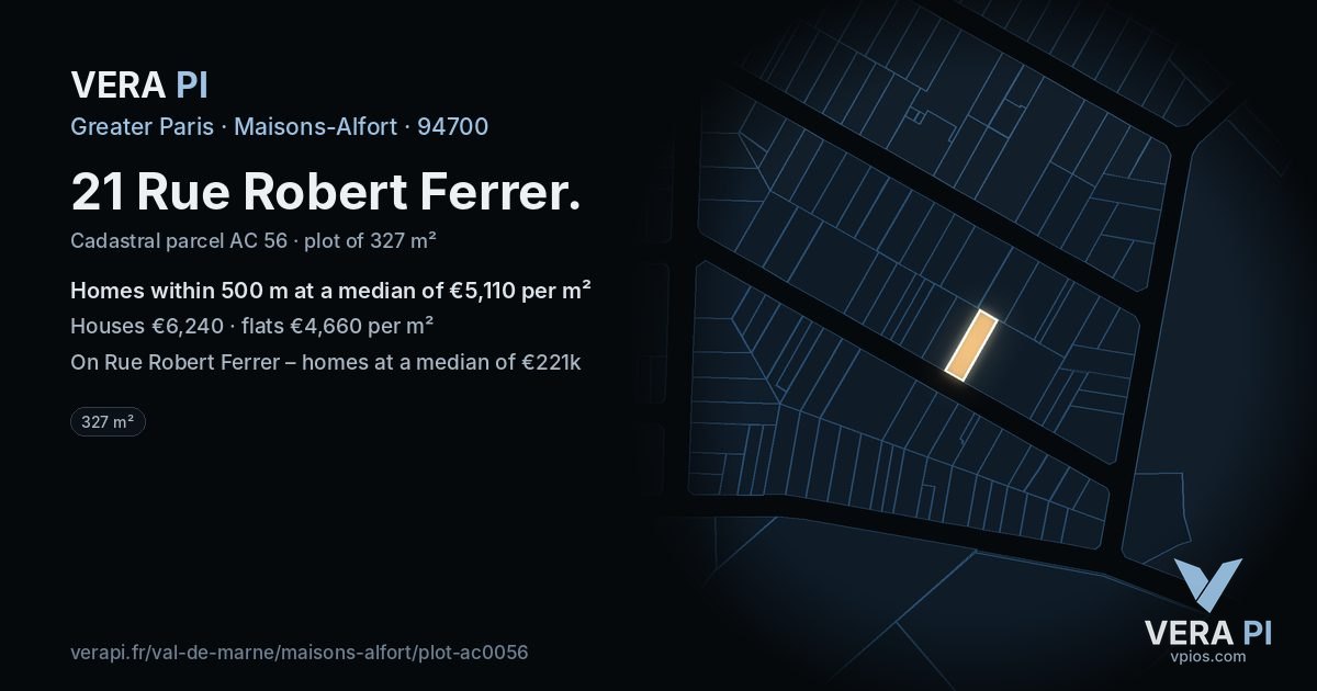 21 Rue Robert Ferrer, Maisons-Alfort at night – the plot lit, the parcels around coloured by the prices near them