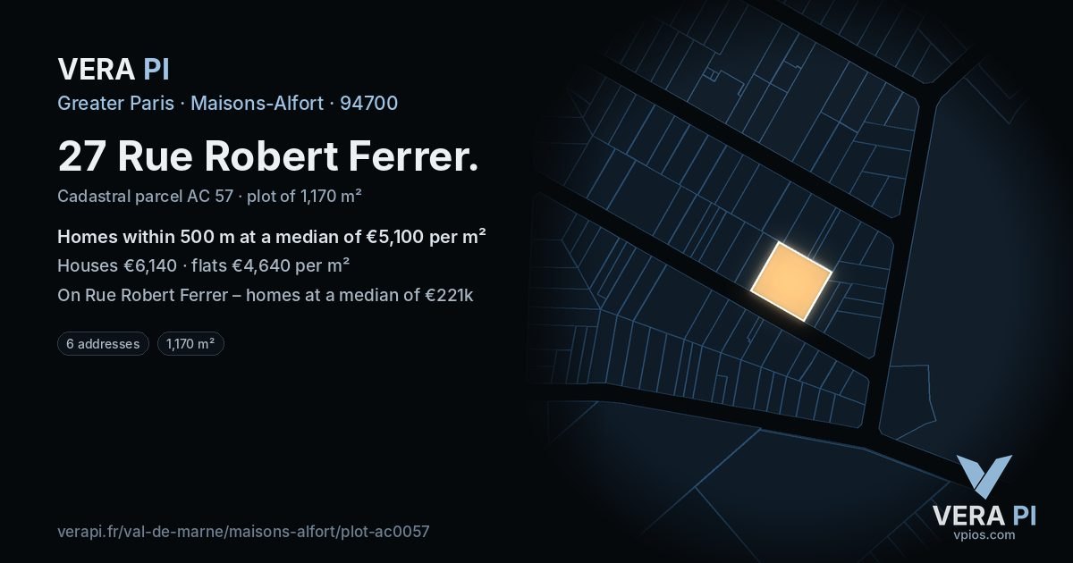 27 Rue Robert Ferrer, Maisons-Alfort at night – the plot lit, the parcels around coloured by the prices near them