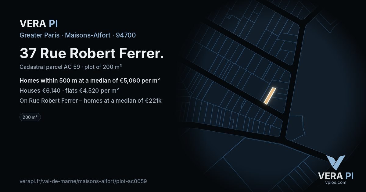 37 Rue Robert Ferrer, Maisons-Alfort at night – the plot lit, the parcels around coloured by the prices near them