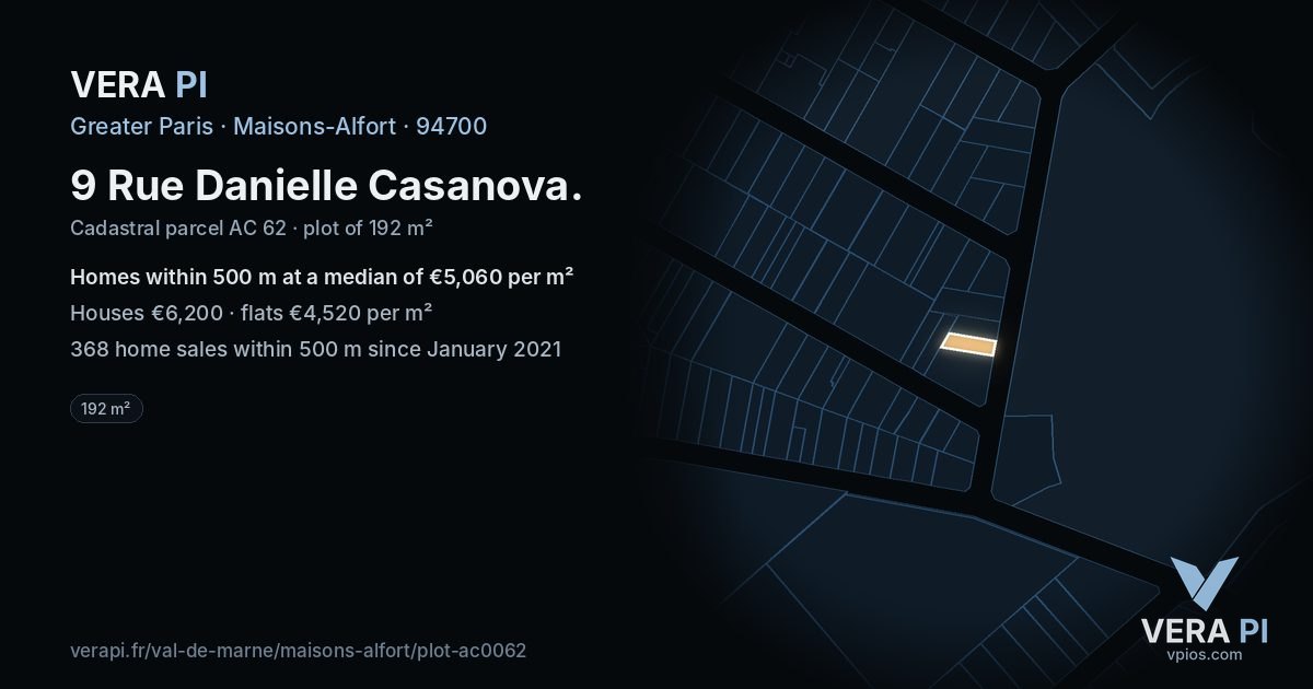 9 Rue Danielle Casanova, Maisons-Alfort at night – the plot lit, the parcels around coloured by the prices near them