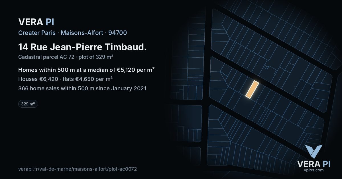 14 Rue Jean-Pierre Timbaud, Maisons-Alfort at night – the plot lit, the parcels around coloured by the prices near them