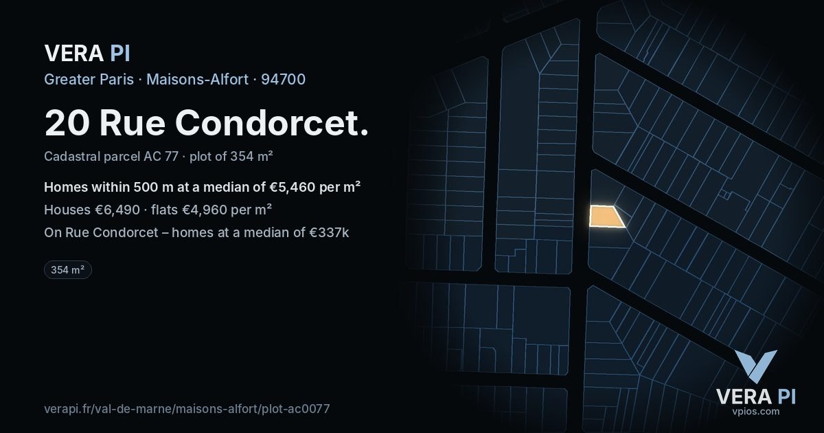 20 Rue Condorcet, Maisons-Alfort at night – the plot lit, the parcels around coloured by the prices near them