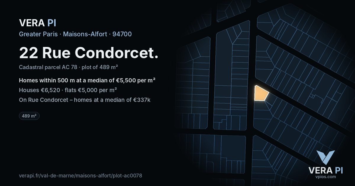 22 Rue Condorcet, Maisons-Alfort at night – the plot lit, the parcels around coloured by the prices near them