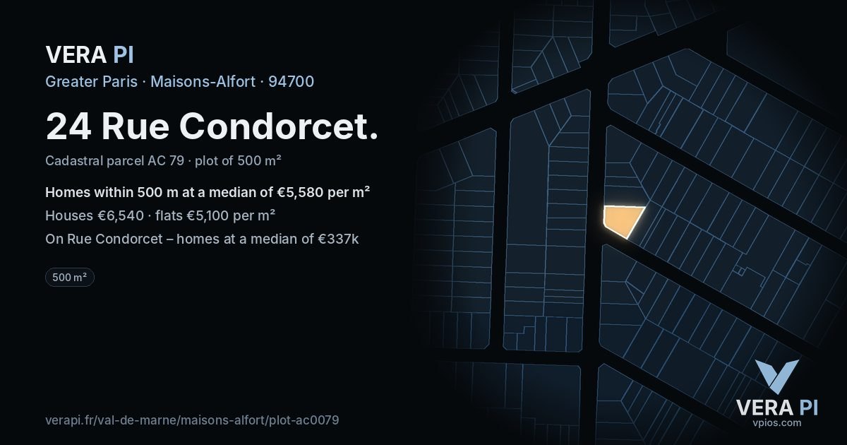24 Rue Condorcet, Maisons-Alfort at night – the plot lit, the parcels around coloured by the prices near them