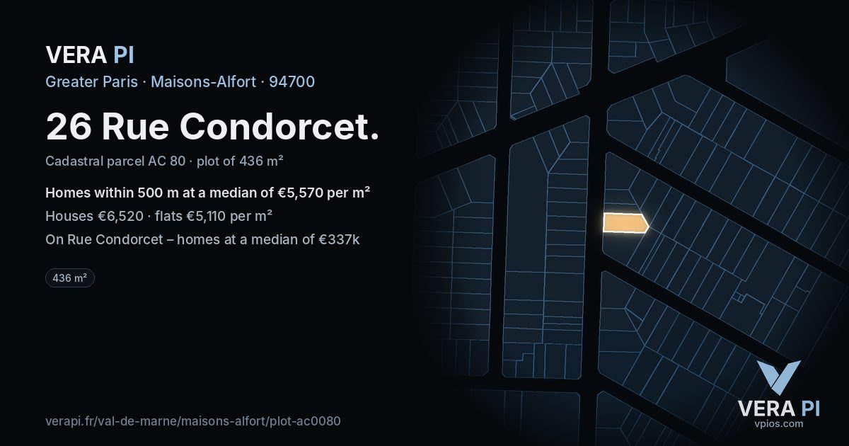 26 Rue Condorcet, Maisons-Alfort at night – the plot lit, the parcels around coloured by the prices near them