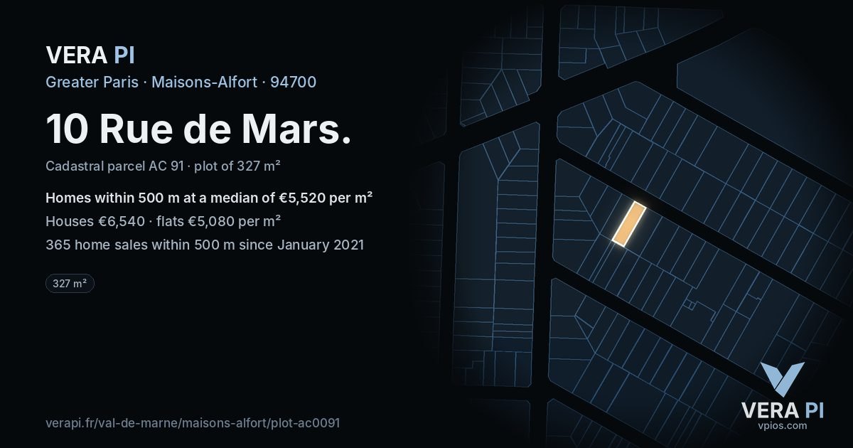 10 Rue de Mars, Maisons-Alfort at night – the plot lit, the parcels around coloured by the prices near them