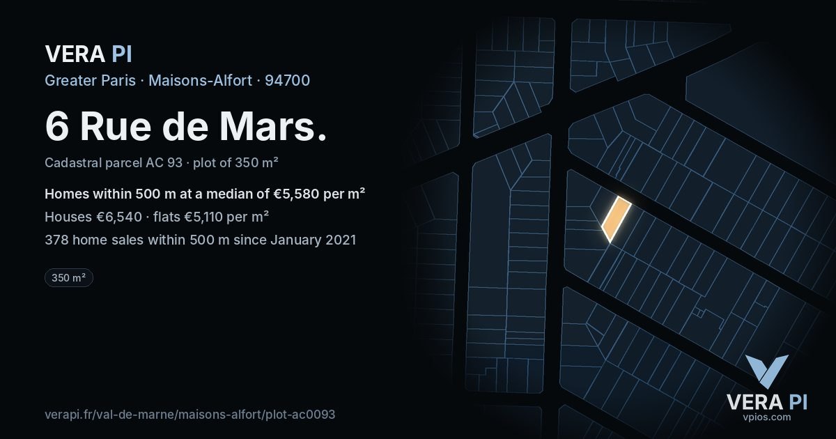 6 Rue de Mars, Maisons-Alfort at night – the plot lit, the parcels around coloured by the prices near them