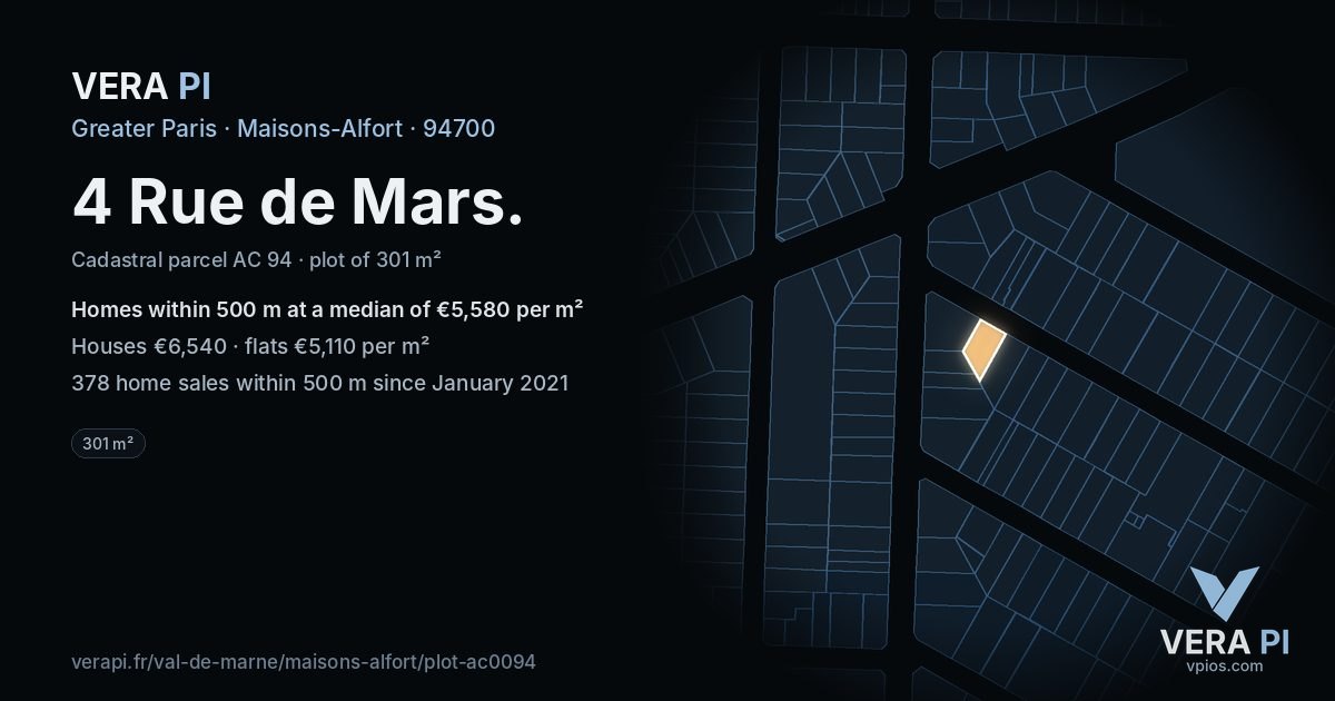 4 Rue de Mars, Maisons-Alfort at night – the plot lit, the parcels around coloured by the prices near them