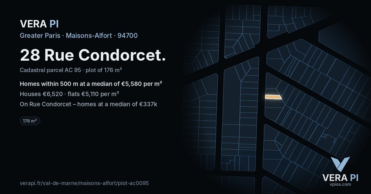 28 Rue Condorcet, Maisons-Alfort at night – the plot lit, the parcels around coloured by the prices near them