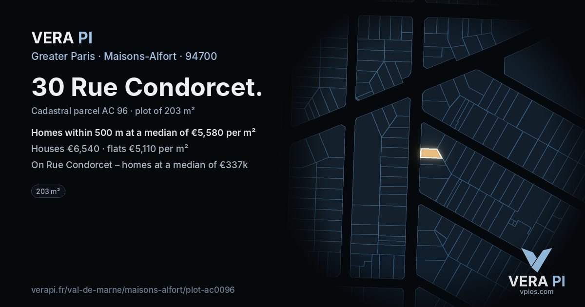 30 Rue Condorcet, Maisons-Alfort at night – the plot lit, the parcels around coloured by the prices near them