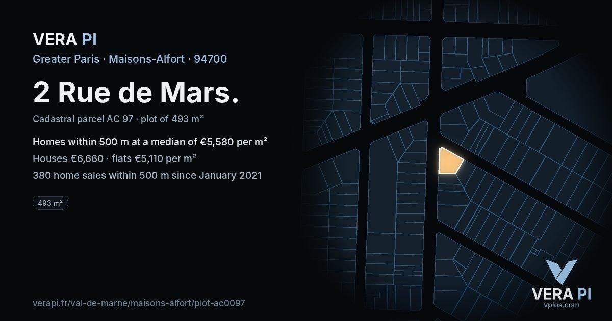 2 Rue de Mars, Maisons-Alfort at night – the plot lit, the parcels around coloured by the prices near them