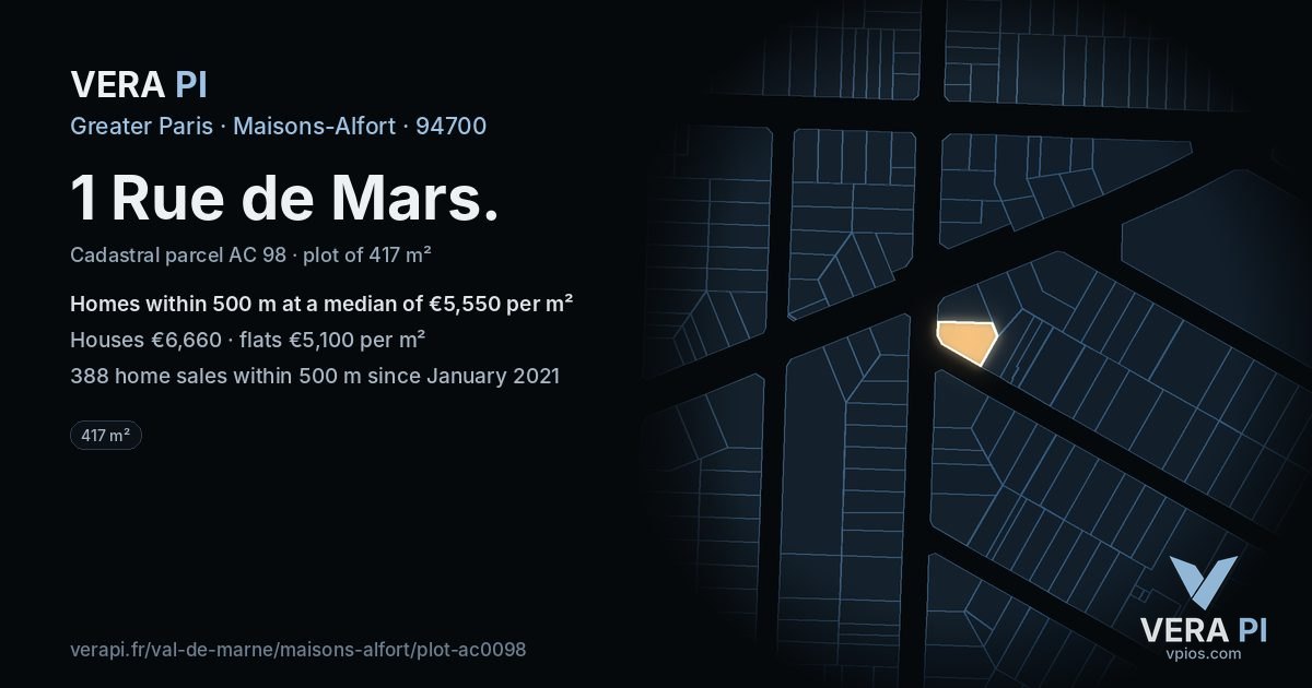 1 Rue de Mars, Maisons-Alfort at night – the plot lit, the parcels around coloured by the prices near them