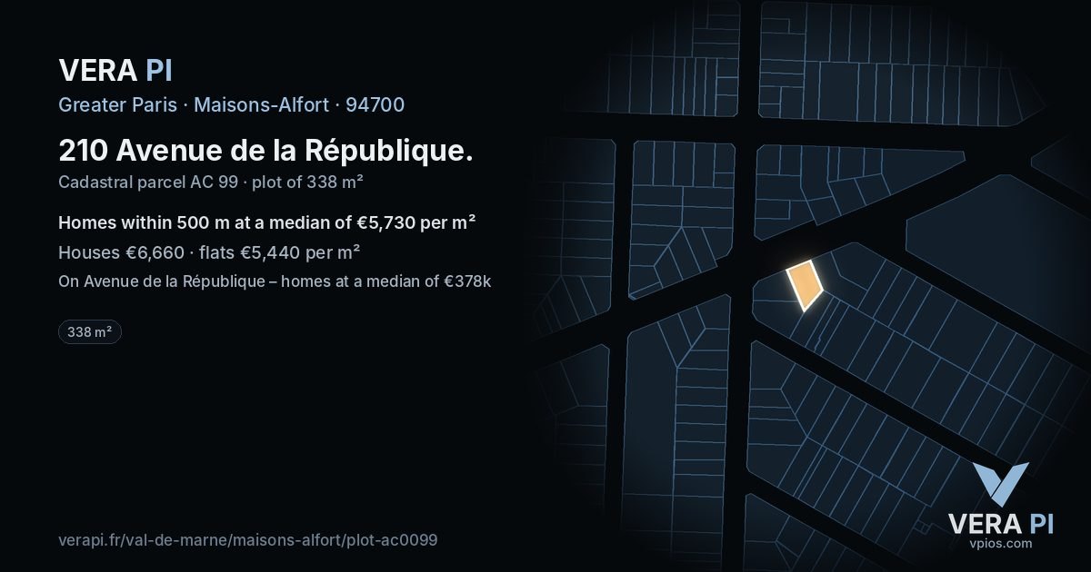 210 Avenue de la République, Maisons-Alfort at night – the plot lit, the parcels around coloured by the prices near them
