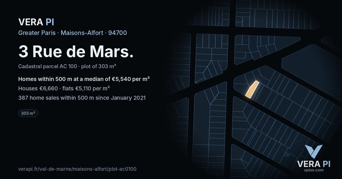3 Rue de Mars, Maisons-Alfort at night – the plot lit, the parcels around coloured by the prices near them