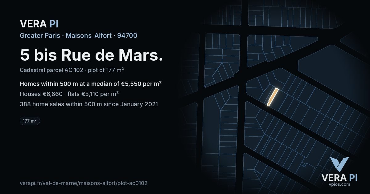 5 bis Rue de Mars, Maisons-Alfort at night – the plot lit, the parcels around coloured by the prices near them