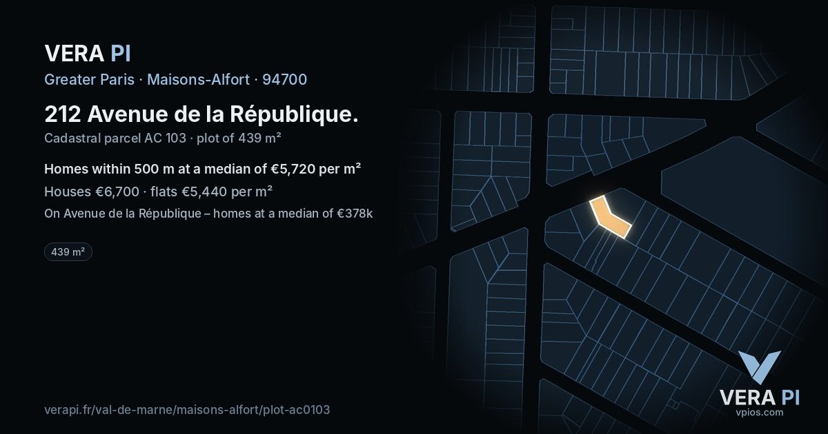 212 Avenue de la République, Maisons-Alfort at night – the plot lit, the parcels around coloured by the prices near them