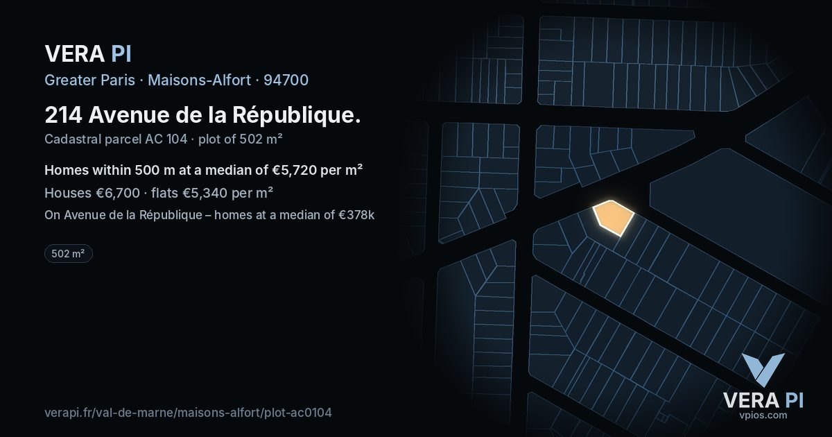 214 Avenue de la République, Maisons-Alfort at night – the plot lit, the parcels around coloured by the prices near them