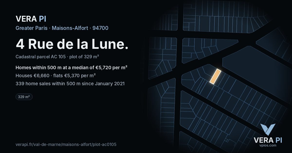 4 Rue de la Lune, Maisons-Alfort at night – the plot lit, the parcels around coloured by the prices near them