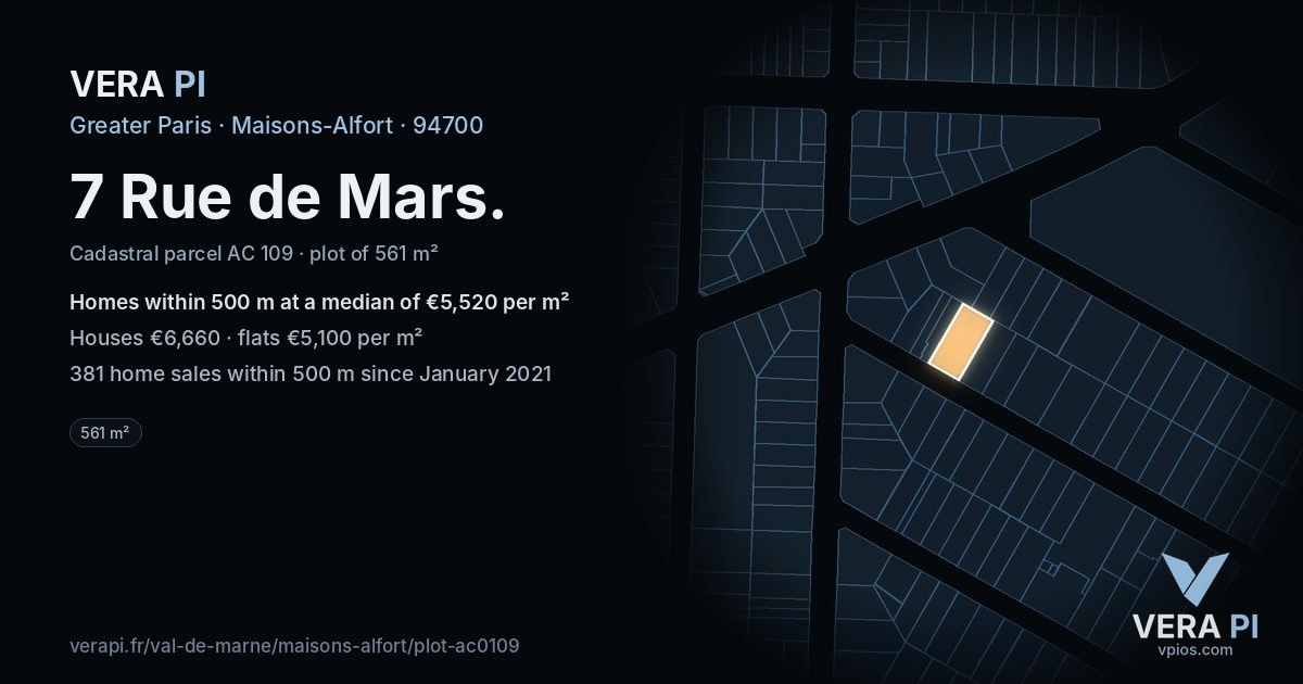 7 Rue de Mars, Maisons-Alfort at night – the plot lit, the parcels around coloured by the prices near them