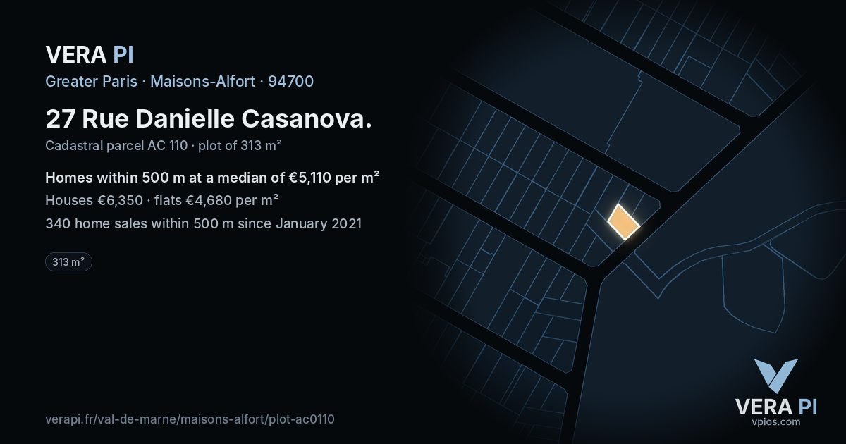 27 Rue Danielle Casanova, Maisons-Alfort at night – the plot lit, the parcels around coloured by the prices near them