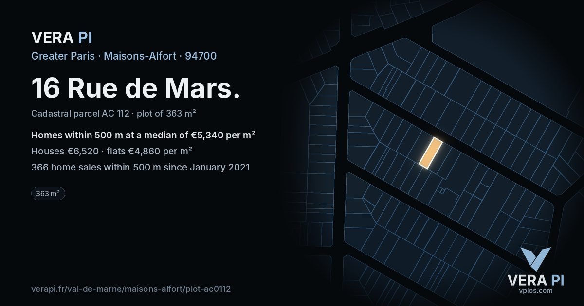 16 Rue de Mars, Maisons-Alfort at night – the plot lit, the parcels around coloured by the prices near them
