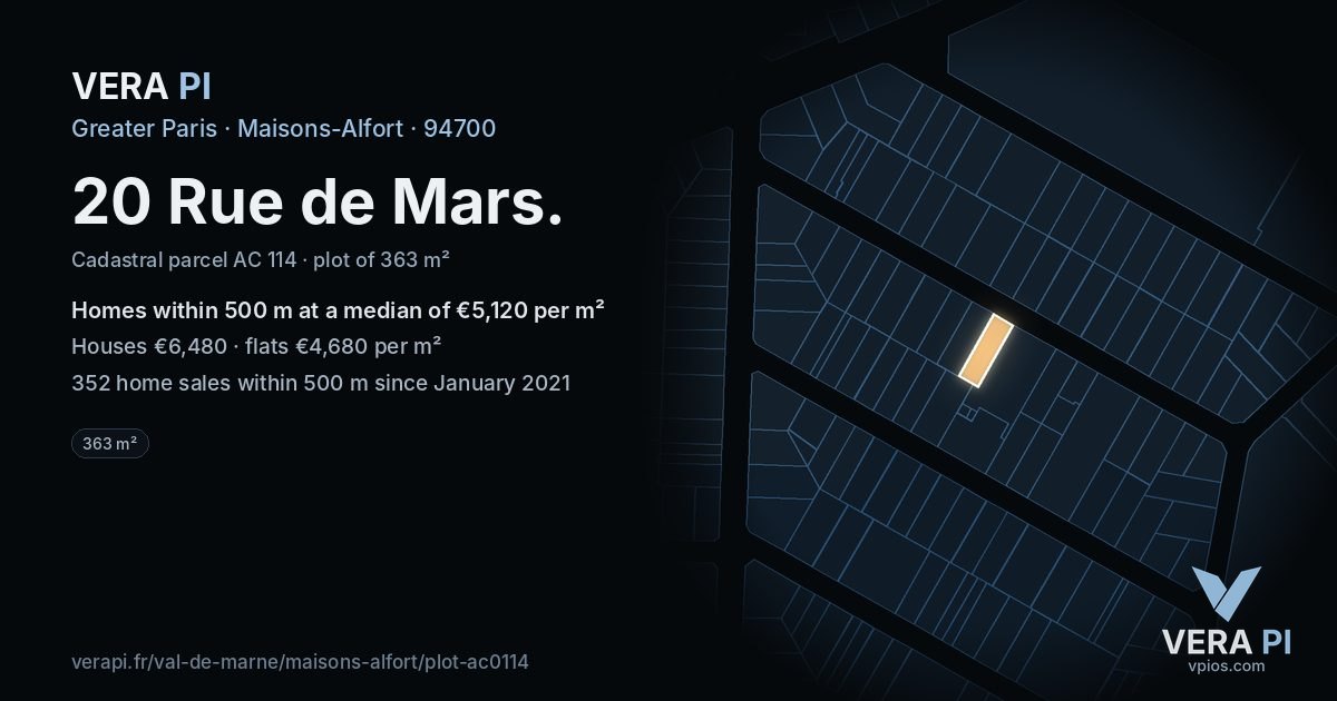 20 Rue de Mars, Maisons-Alfort at night – the plot lit, the parcels around coloured by the prices near them