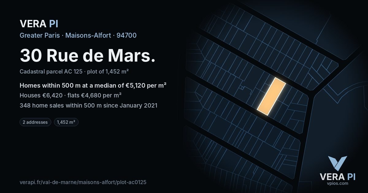 30 Rue de Mars, Maisons-Alfort at night – the plot lit, the parcels around coloured by the prices near them