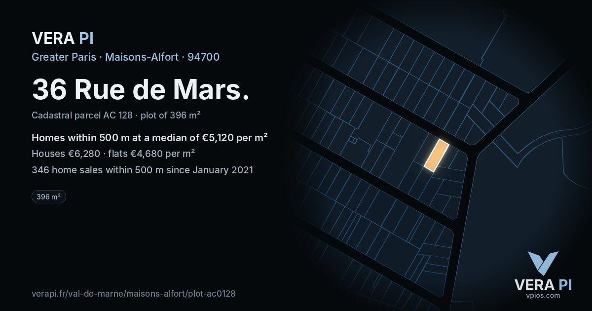 36 Rue de Mars, Maisons-Alfort at night – the plot lit, the parcels around coloured by the prices near them