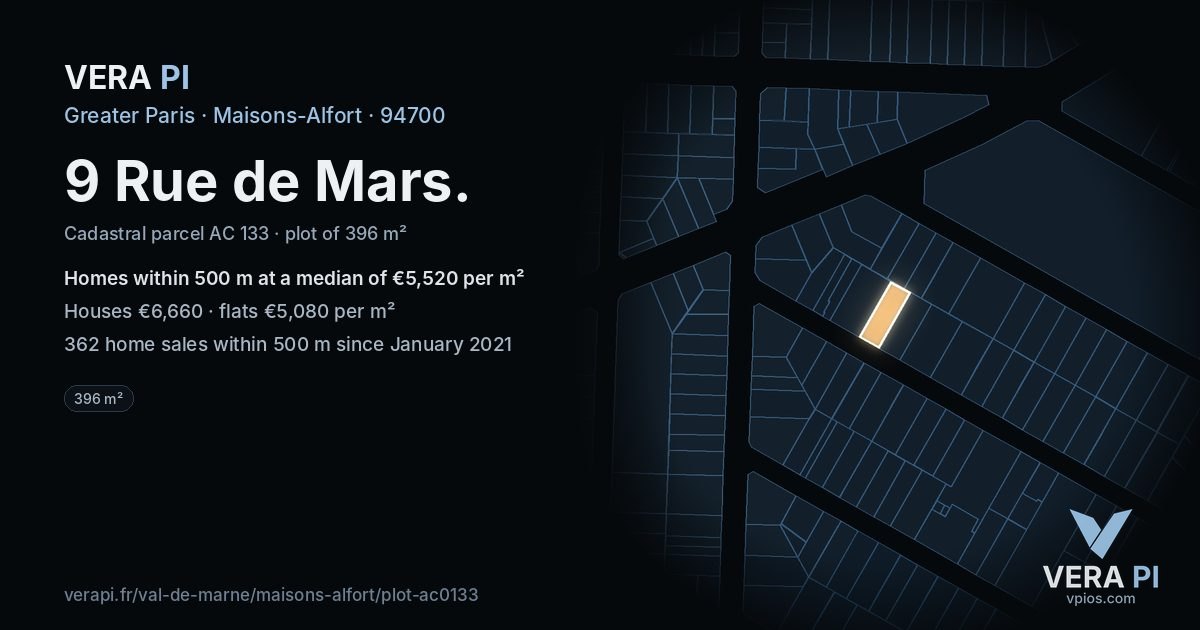 9 Rue de Mars, Maisons-Alfort at night – the plot lit, the parcels around coloured by the prices near them