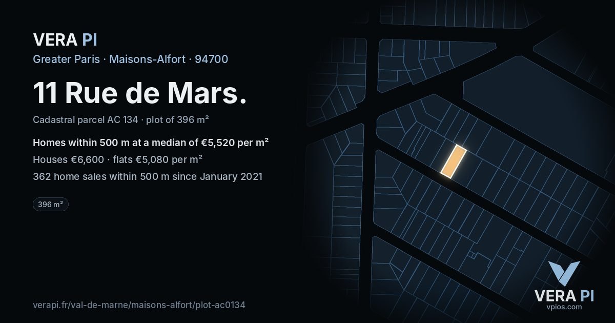 11 Rue de Mars, Maisons-Alfort at night – the plot lit, the parcels around coloured by the prices near them
