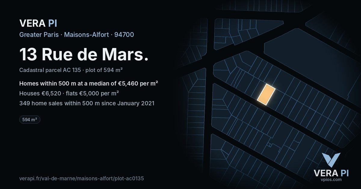 13 Rue de Mars, Maisons-Alfort at night – the plot lit, the parcels around coloured by the prices near them