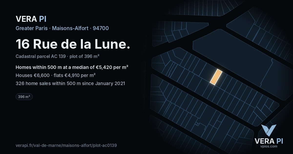 16 Rue de la Lune, Maisons-Alfort at night – the plot lit, the parcels around coloured by the prices near them