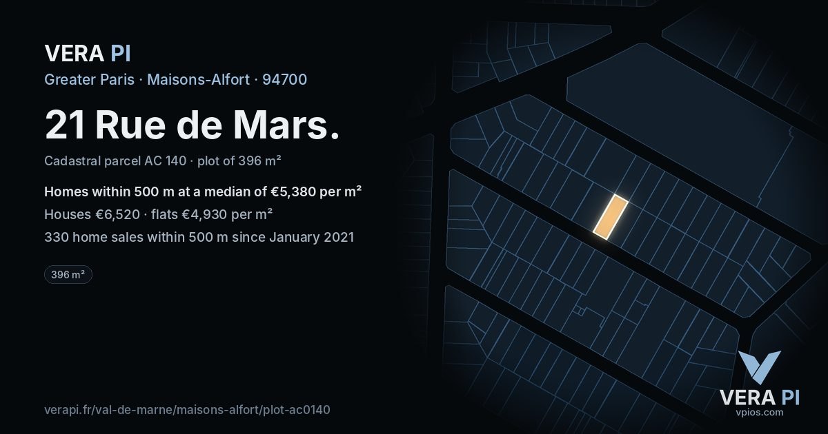 21 Rue de Mars, Maisons-Alfort at night – the plot lit, the parcels around coloured by the prices near them