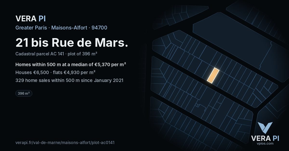 21 bis Rue de Mars, Maisons-Alfort at night – the plot lit, the parcels around coloured by the prices near them