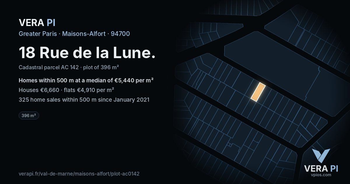 18 Rue de la Lune, Maisons-Alfort at night – the plot lit, the parcels around coloured by the prices near them