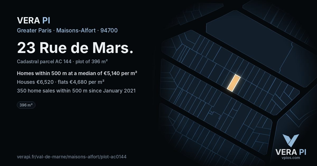 23 Rue de Mars, Maisons-Alfort at night – the plot lit, the parcels around coloured by the prices near them