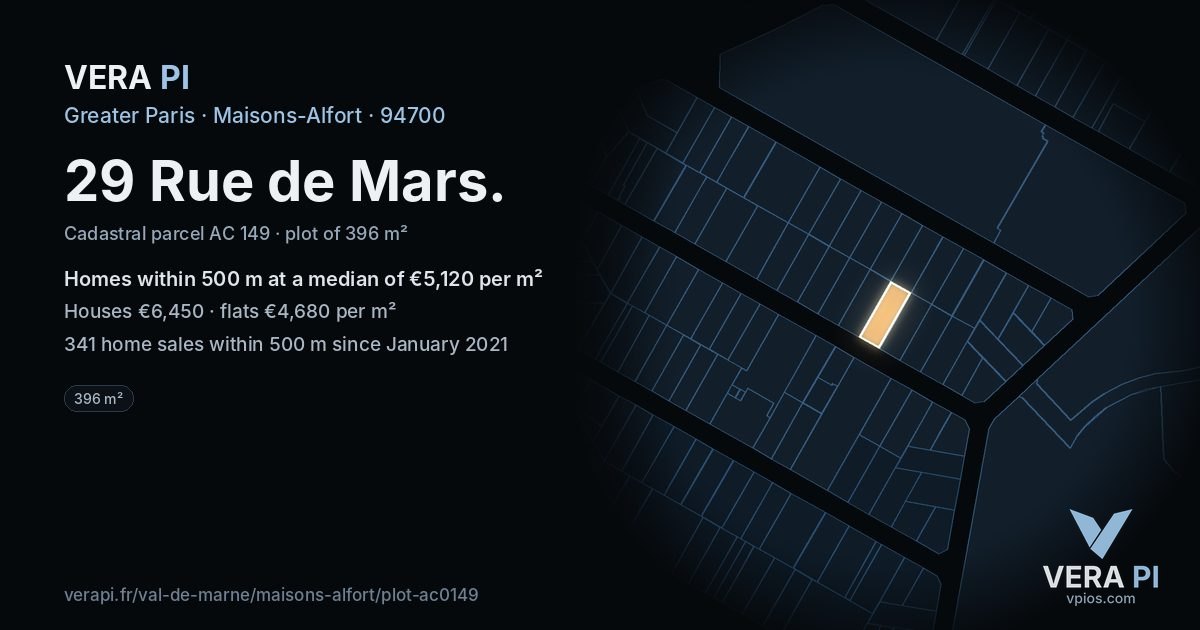 29 Rue de Mars, Maisons-Alfort at night – the plot lit, the parcels around coloured by the prices near them