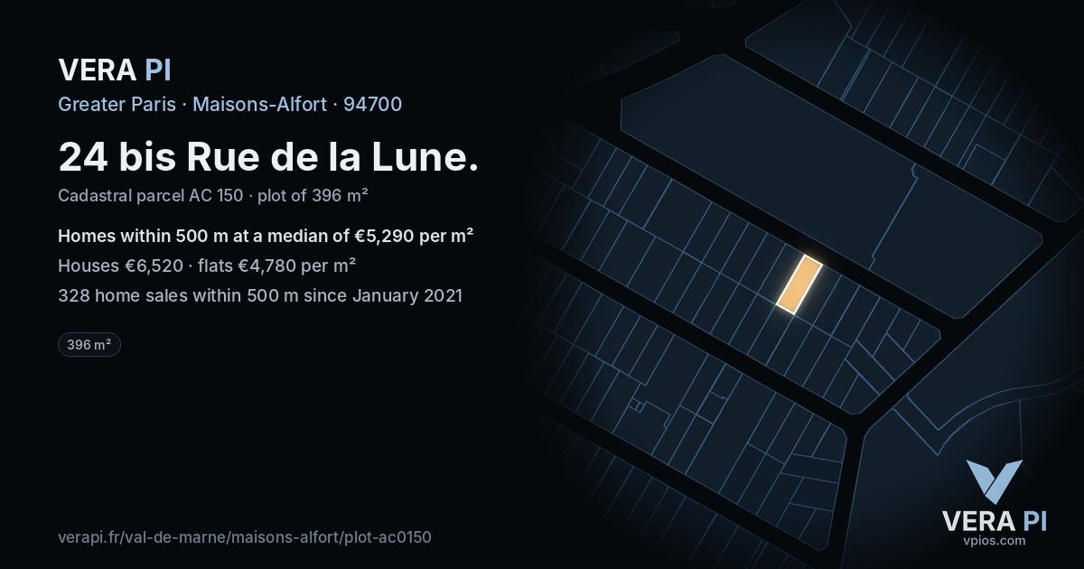 24 bis Rue de la Lune, Maisons-Alfort at night – the plot lit, the parcels around coloured by the prices near them