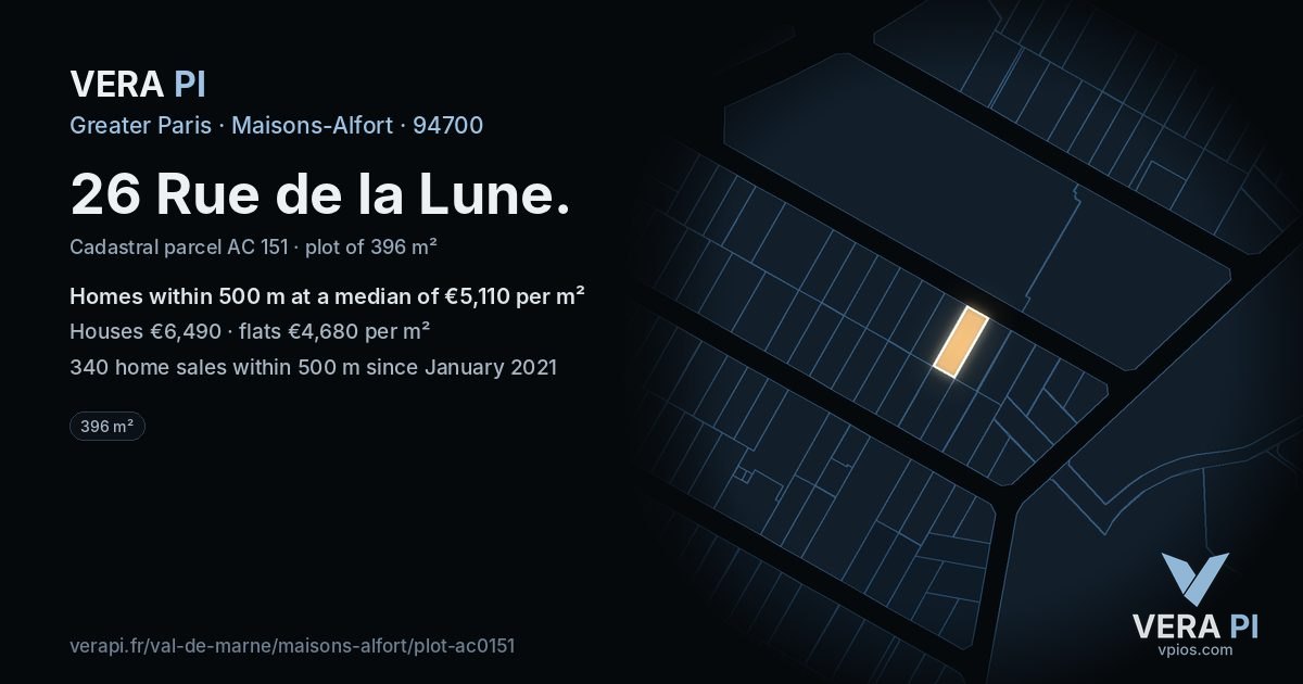 26 Rue de la Lune, Maisons-Alfort at night – the plot lit, the parcels around coloured by the prices near them