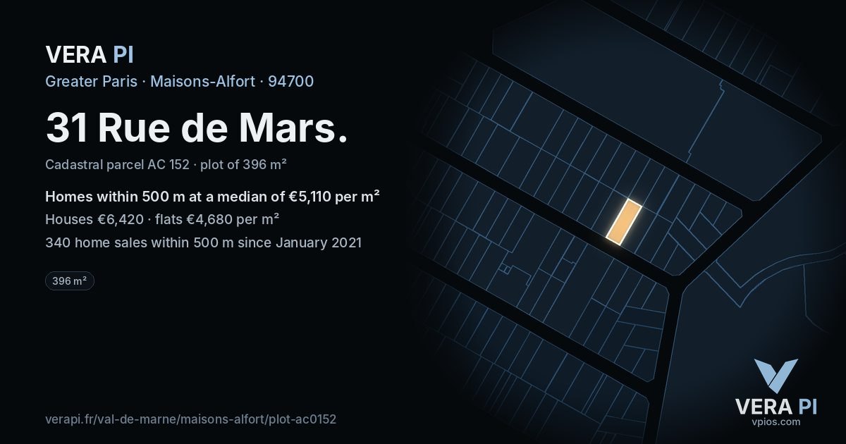 31 Rue de Mars, Maisons-Alfort at night – the plot lit, the parcels around coloured by the prices near them