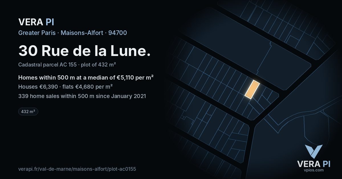 30 Rue de la Lune, Maisons-Alfort at night – the plot lit, the parcels around coloured by the prices near them
